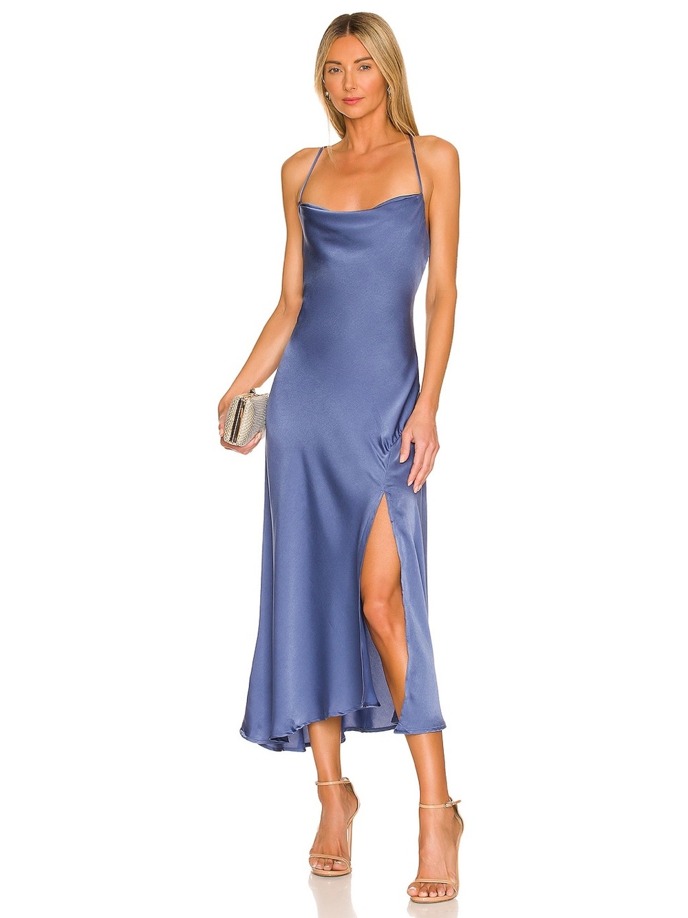 ASTR The Label Periwinkle Satin Cowl Neck Strappy Midi Dress Medium 6069